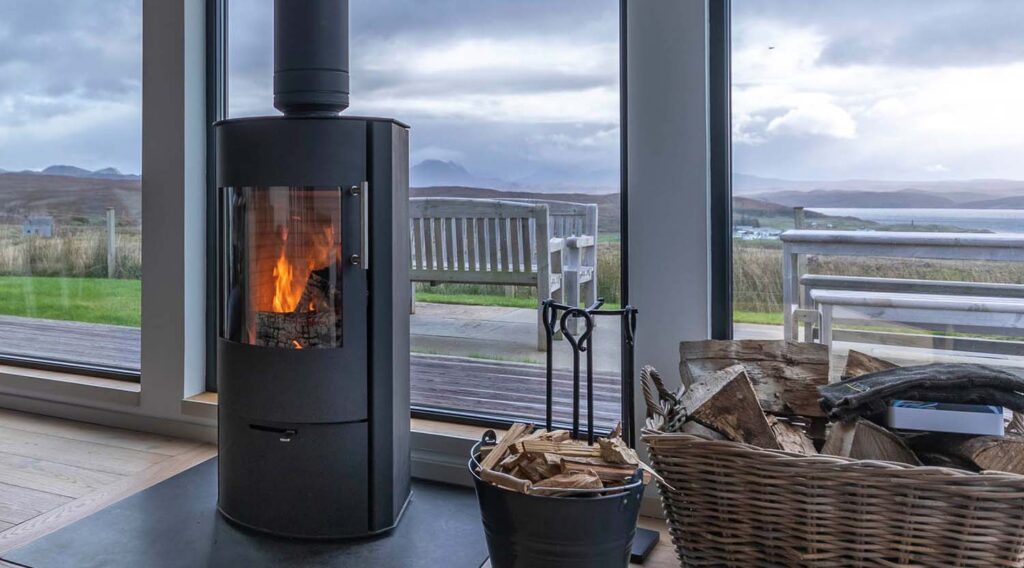 Wood burning stove at Clarsach cottage